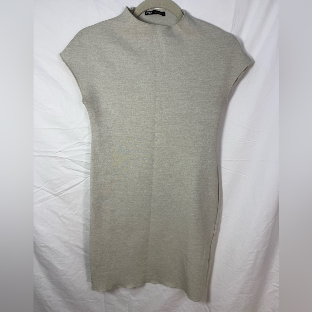 Zara Beige Knit Mock Neck Mini‎ Dress Cap Sleeve Size L